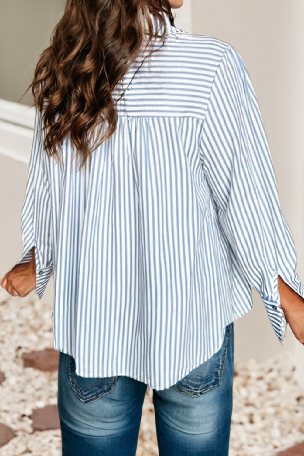 LDC Stripe Shirred Detail Half Placket Collared Fall Shirt
