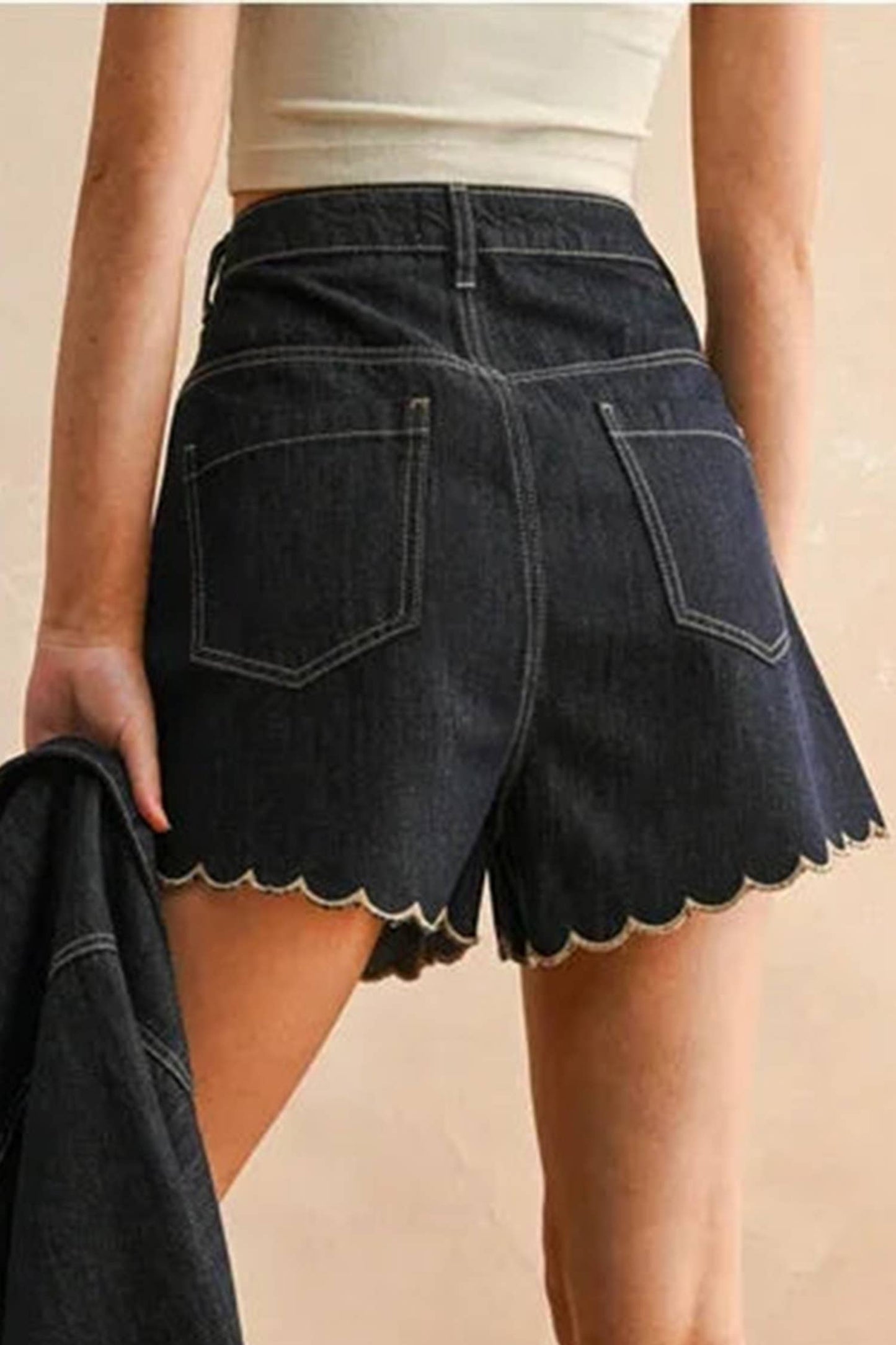Spring 2026 Embroidered Scalloped Trim Relaxed Denim Shorts