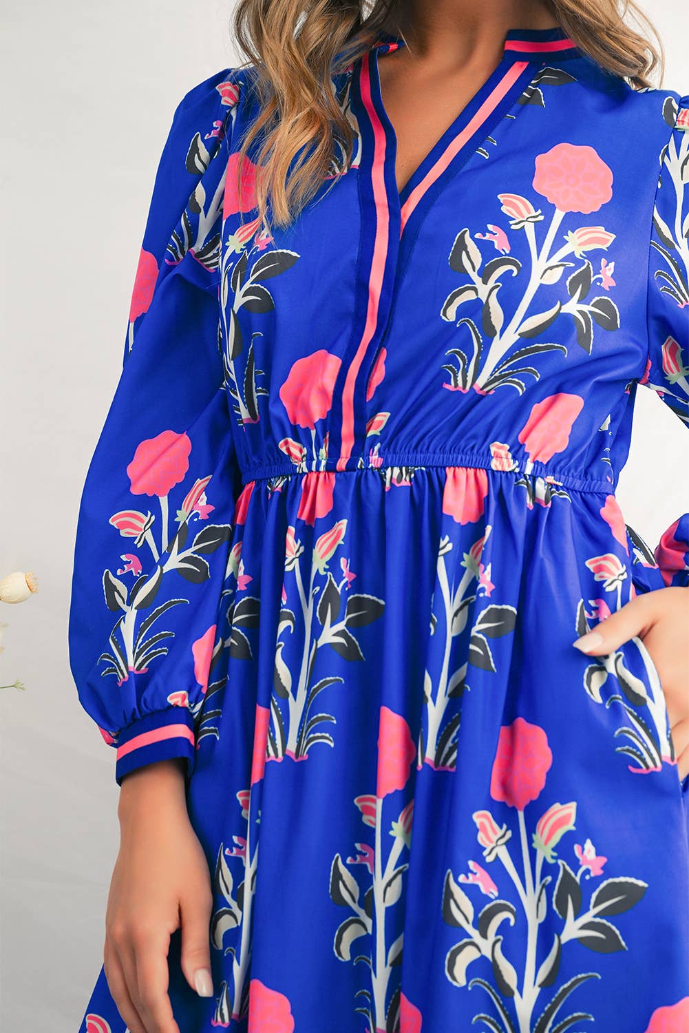 Floral  Striped Trim Long Sleeve Ruffle  Midi Dress | S-XL