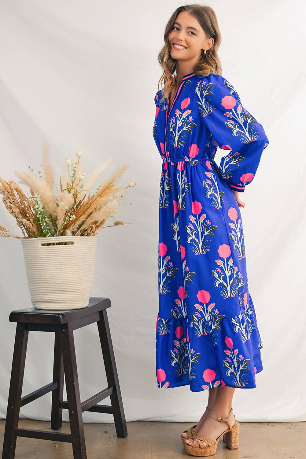 Floral  Striped Trim Long Sleeve Ruffle  Midi Dress | S-XL