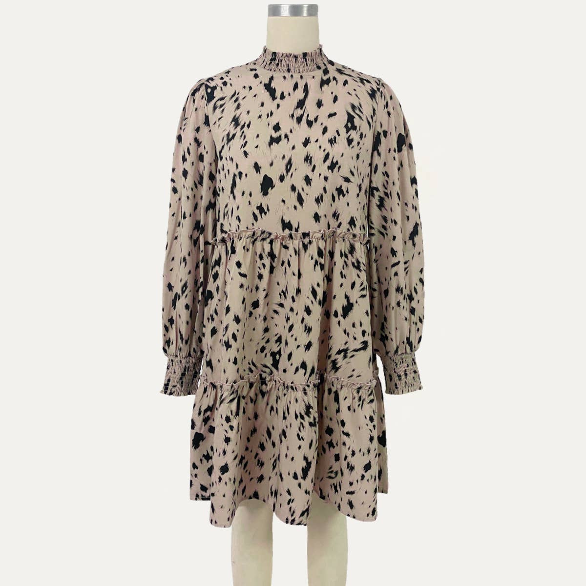 Fashionable Printed Mock Neck Tie-Back Babydoll Dress