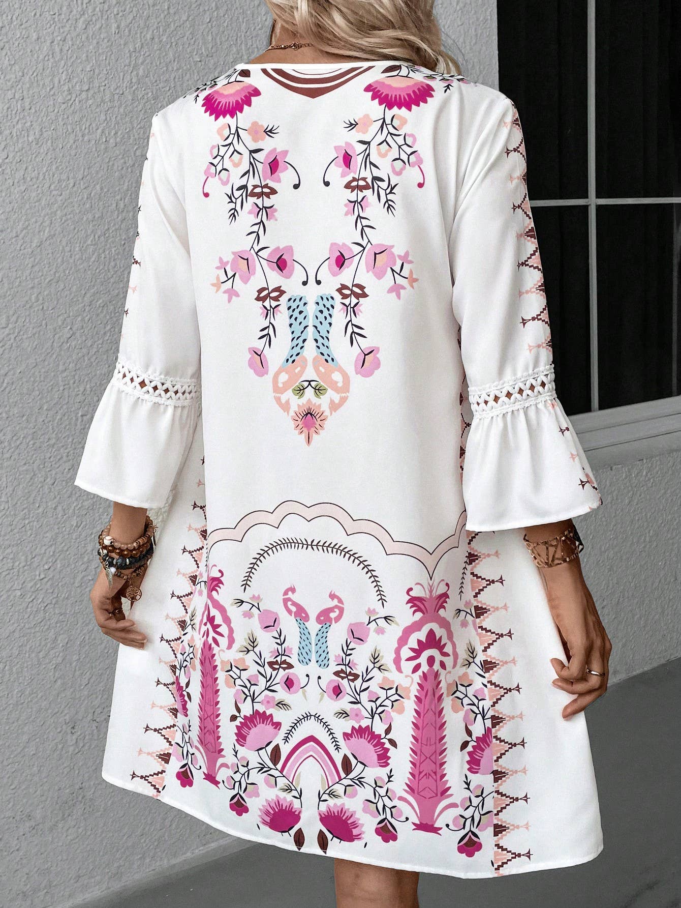 Floral Printed Lace Patchwork V-neck Summer Dress