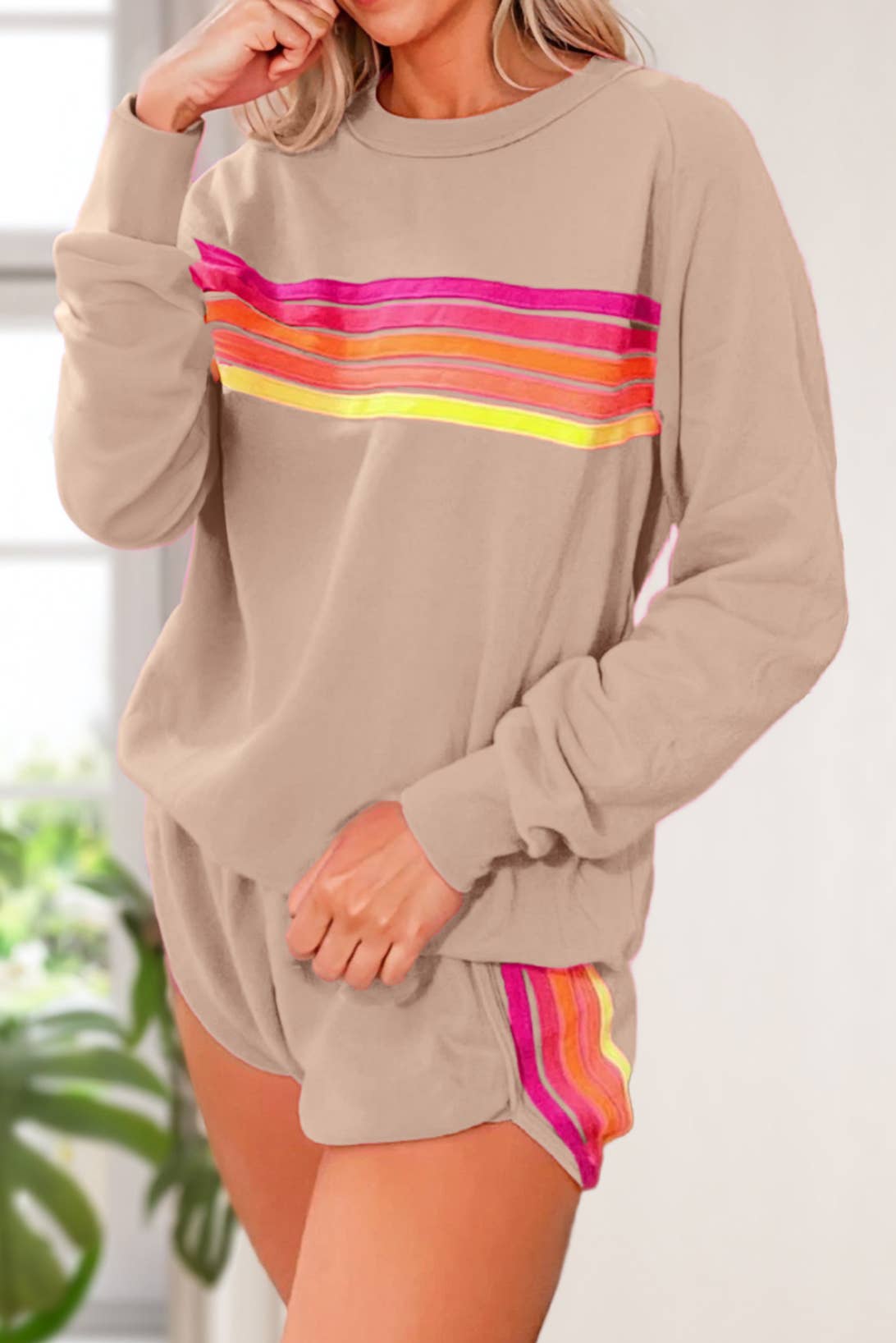 Colorful Striped Long Sleeve Top and Shorts Set | S-3XL