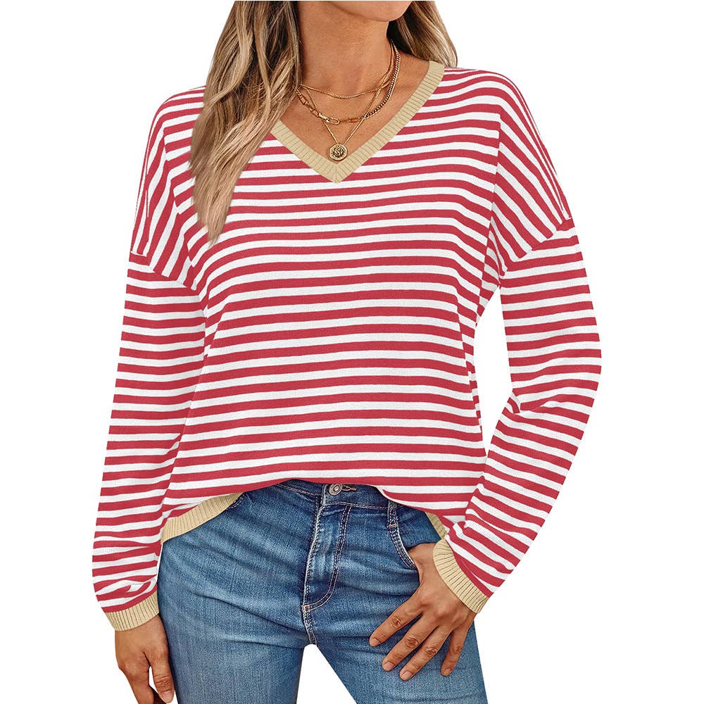V-NECK STRIPED LONG-SLEEVED CASUAL SWEATER