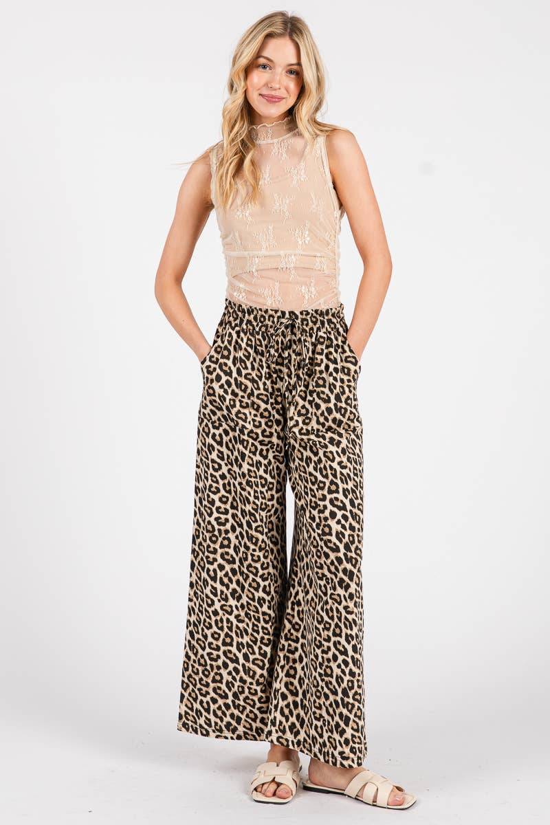 WASHED LEOPARD PRINT WIDE LEG PANTS