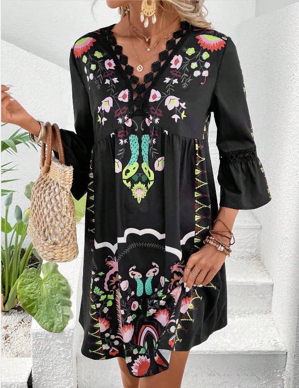 Floral Printed Lace Patchwork V-neck Summer Dress