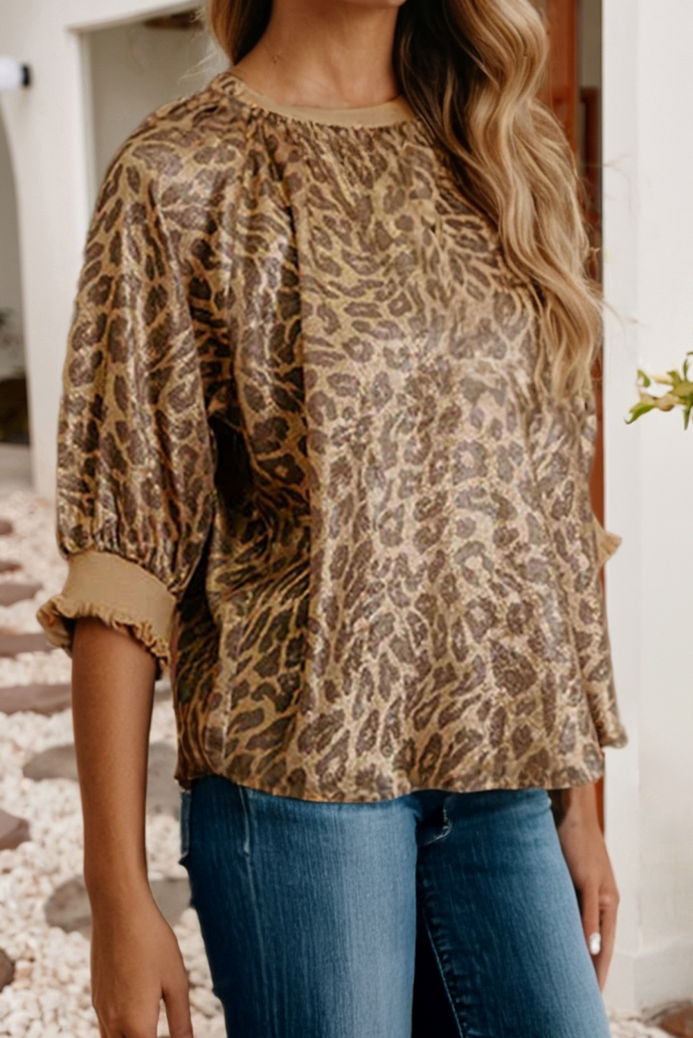 LDC Leopard Print Color Block Patchwork Half Sleeve Blouse