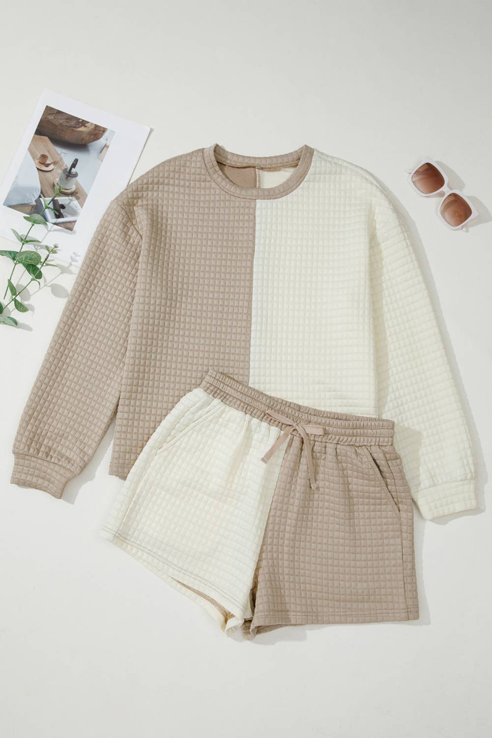 Colorblock Patchwork Textured Long Sleeve Top 2pcs Short Set