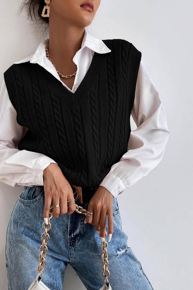 CWOV0577_V-NECK SOLID COLOR CABLE KNIT SWEATER VEST