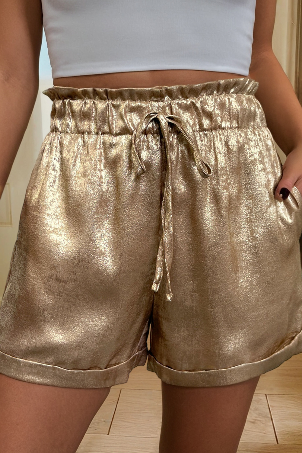 Champagne Tie Elastic Waist High Waisted Shorts (S-XL)