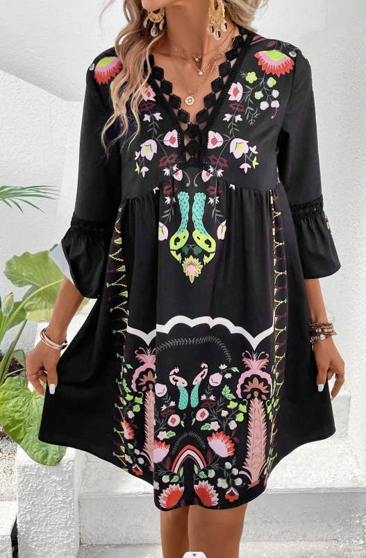 Floral Printed Lace Patchwork V-neck Summer Dress