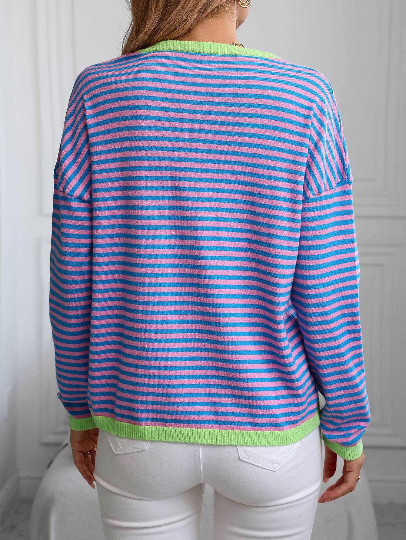 V-NECK STRIPED LONG-SLEEVED CASUAL SWEATER
