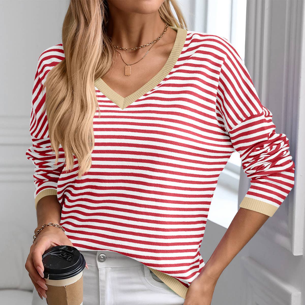 V-NECK STRIPED LONG-SLEEVED CASUAL SWEATER
