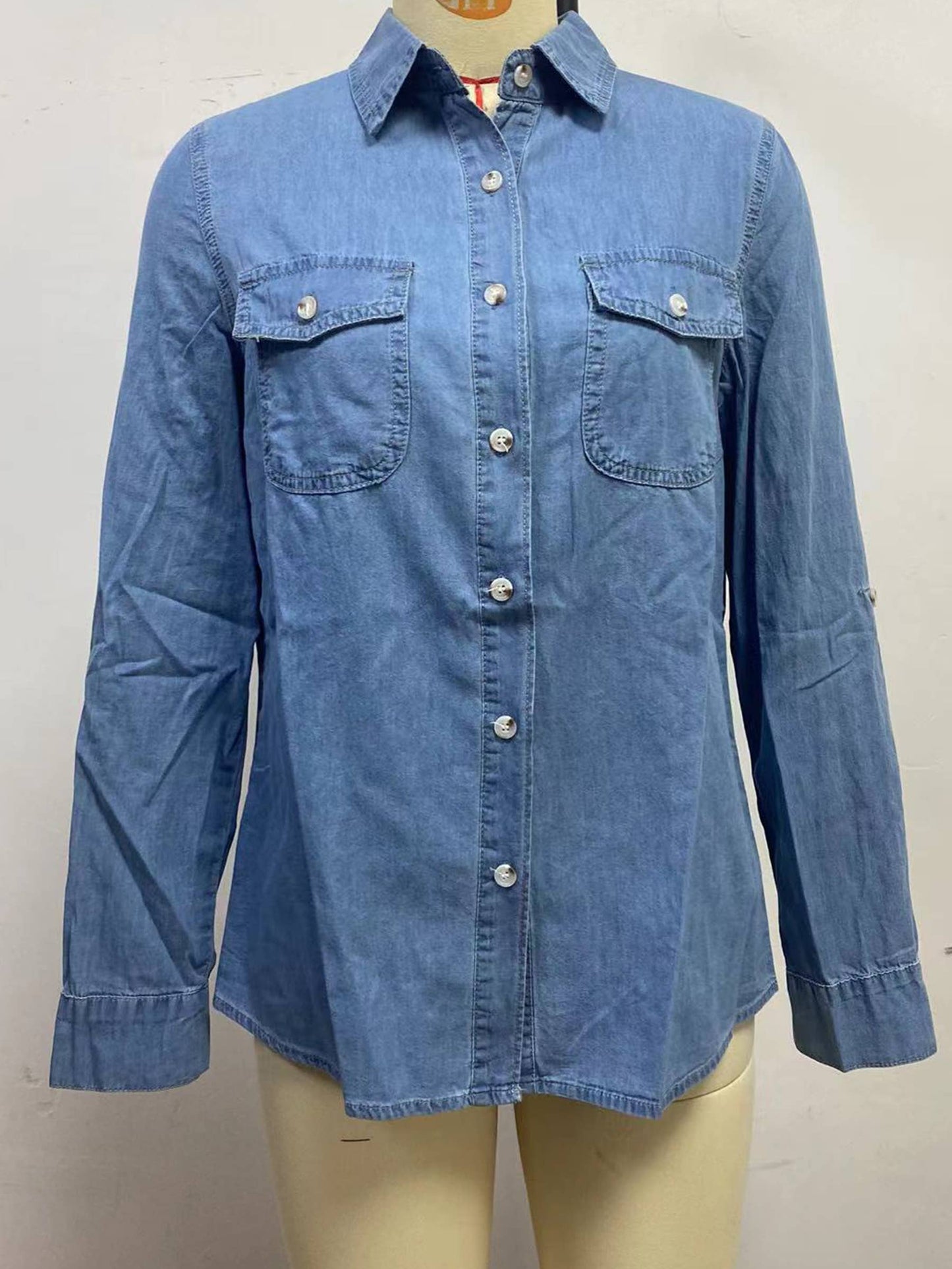 Casual Collar Button Long Sleeved Denim Top