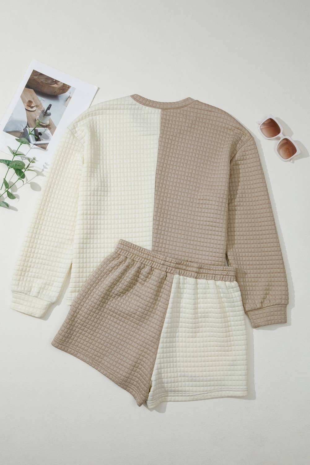 Colorblock Patchwork Textured Long Sleeve Top 2pcs Short Set