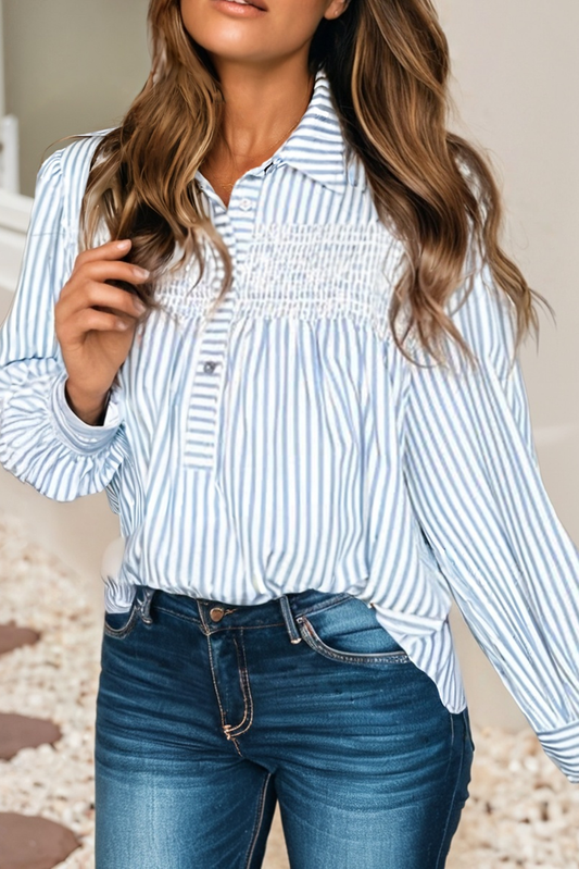LDC Stripe Shirred Detail Half Placket Collared Fall Shirt