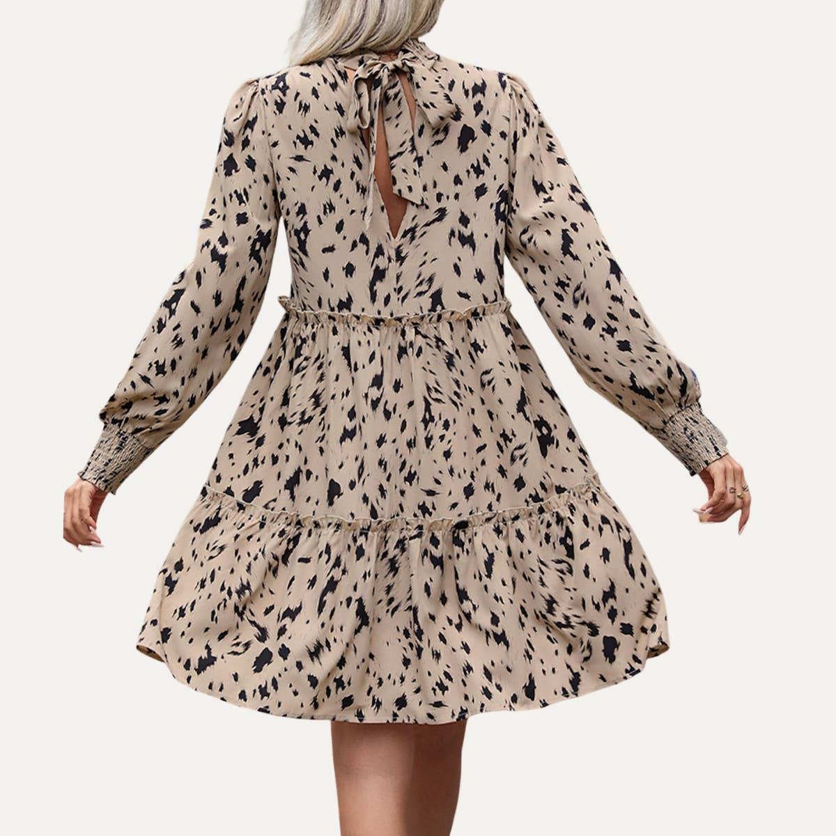 Fashionable Printed Mock Neck Tie-Back Babydoll Dress