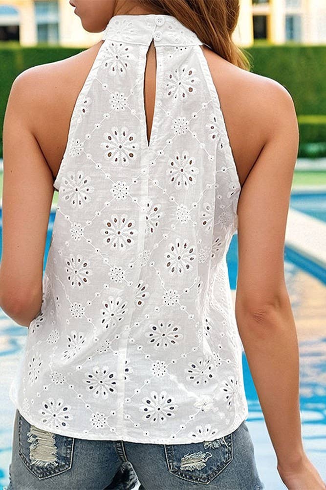 White Eyelet Flower Pattern Sleeveless Tank Top