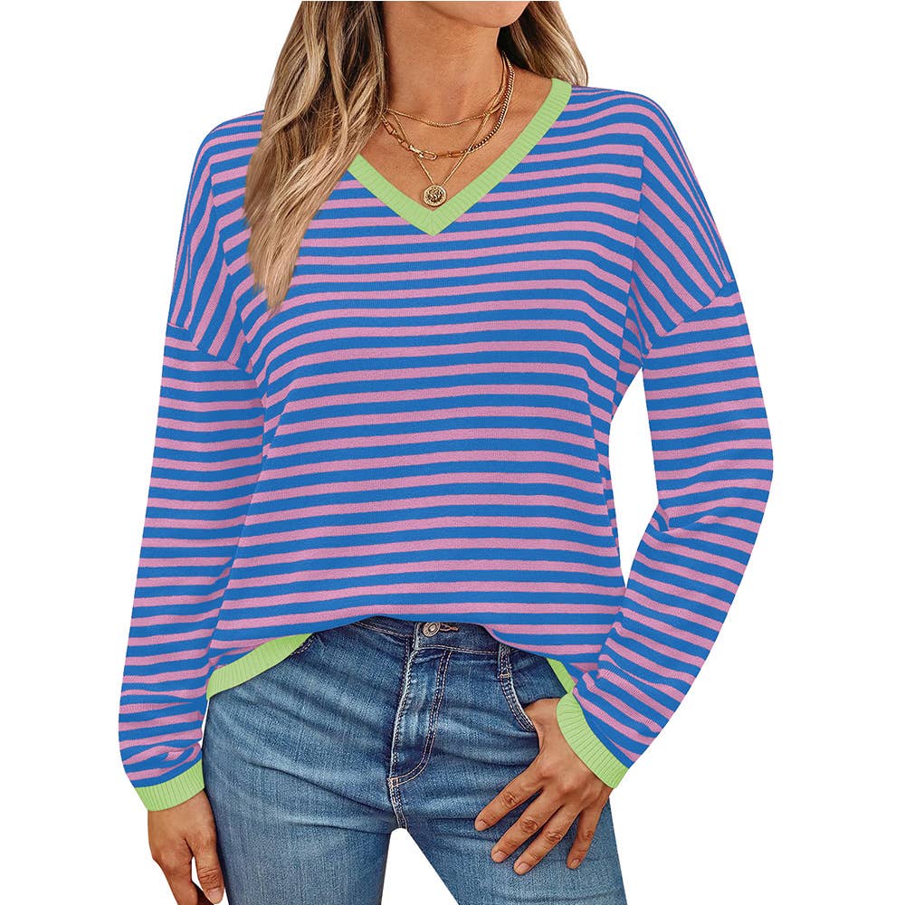 V-NECK STRIPED LONG-SLEEVED CASUAL SWEATER