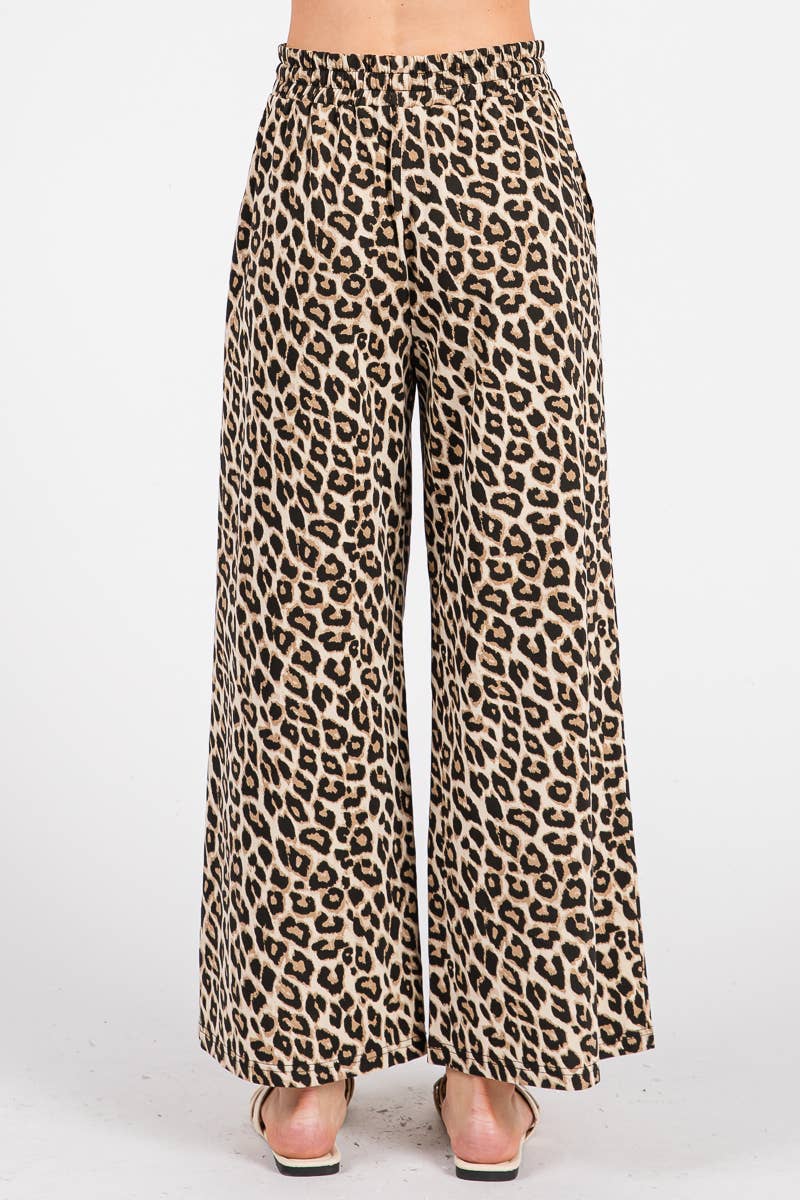 WASHED LEOPARD PRINT WIDE LEG PANTS