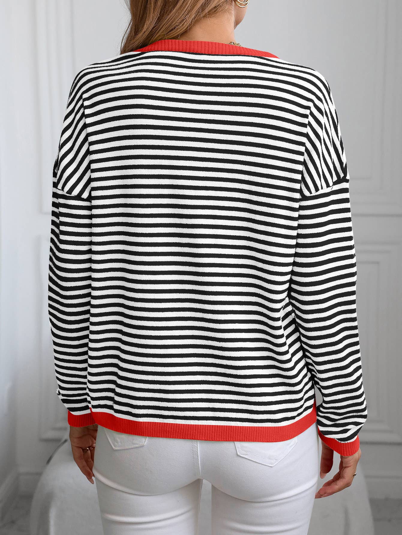 V-NECK STRIPED LONG-SLEEVED CASUAL SWEATER