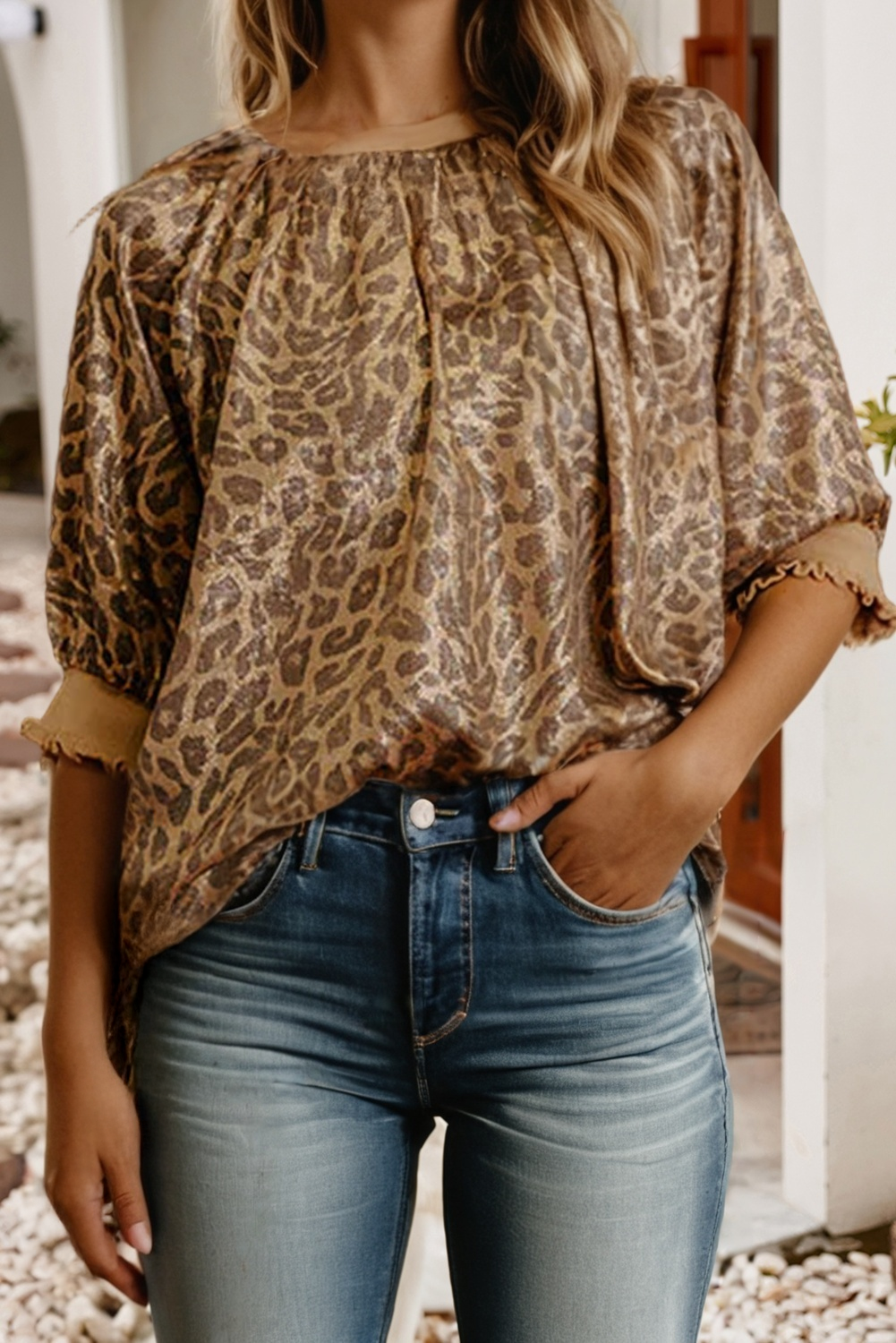 LDC Leopard Print Color Block Patchwork Half Sleeve Blouse