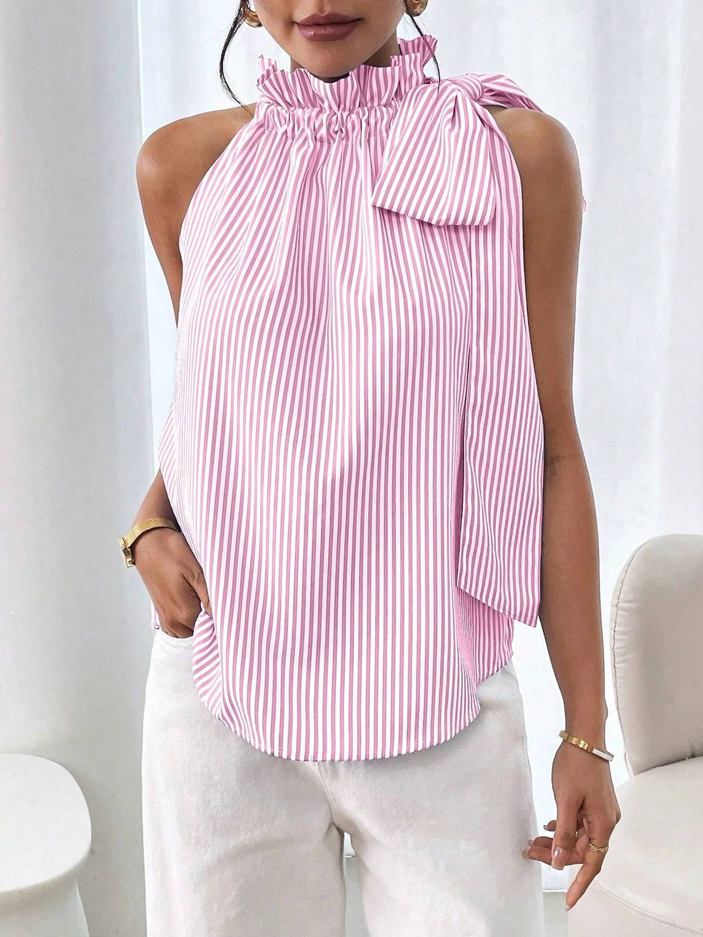 Sleeveless Striped High Neck Knot Sleeveless top