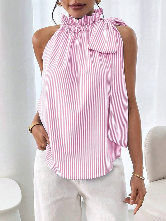 Sleeveless Striped High Neck Knot Sleeveless top