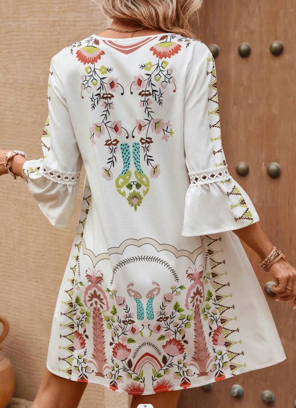 Floral Printed Lace Patchwork V-neck Summer Dress