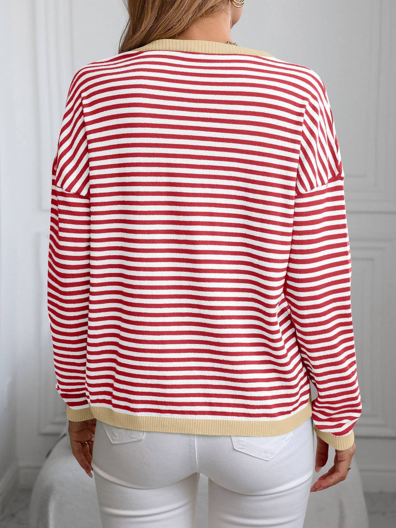 V-NECK STRIPED LONG-SLEEVED CASUAL SWEATER