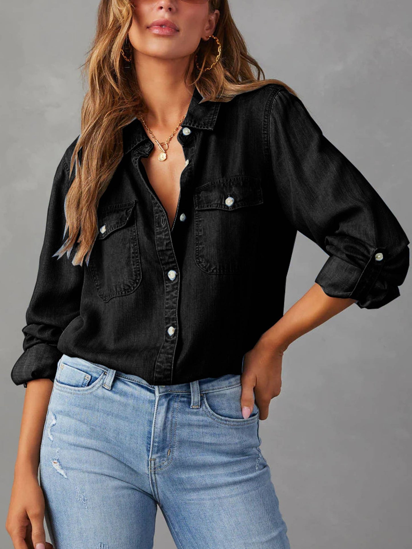 Casual Collar Button Long Sleeved Denim Top