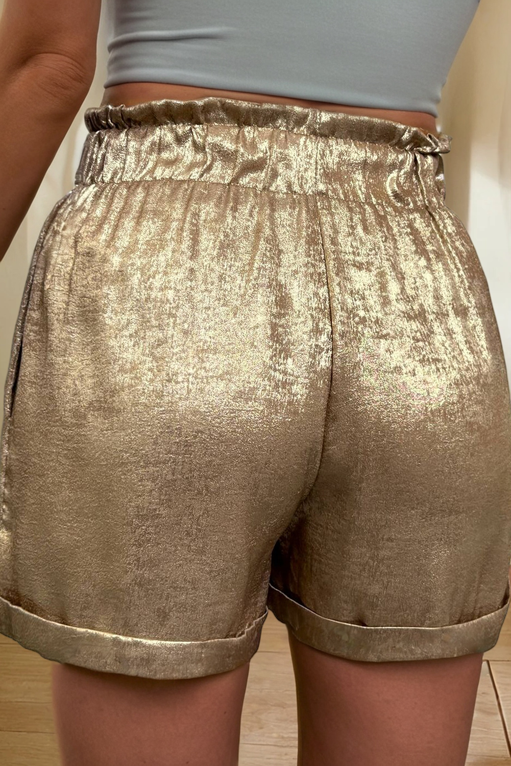 Champagne Tie Elastic Waist High Waisted Shorts (S-XL)