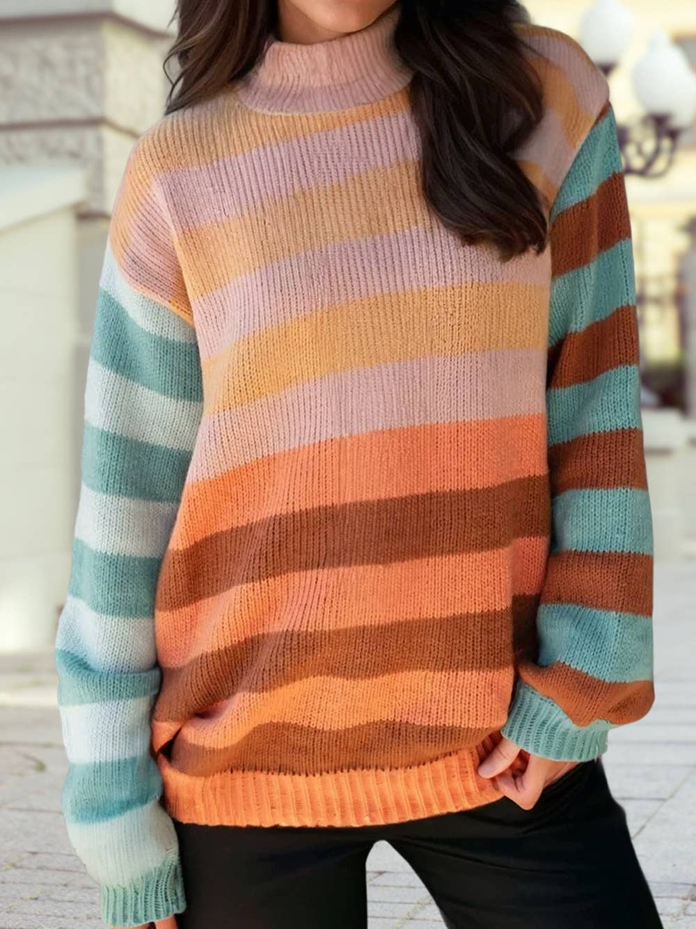 Color Block High Neck Drop Shoulder Cozy Sweater