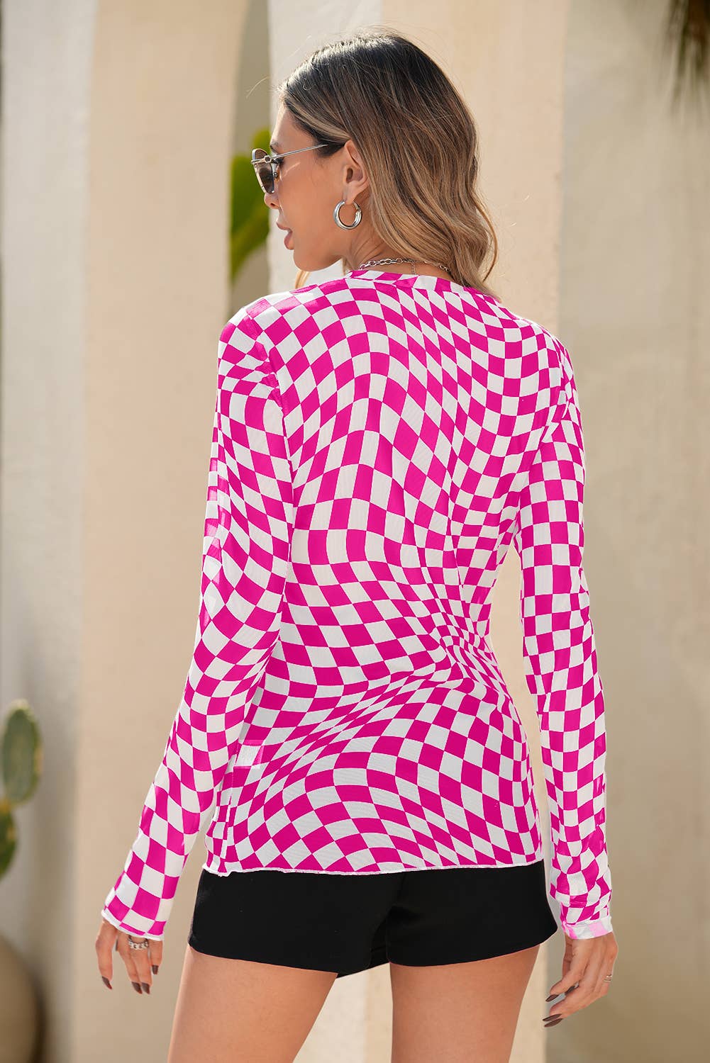 LDC Checkered Pattern Mesh Mock Neck Long Sleeve Top