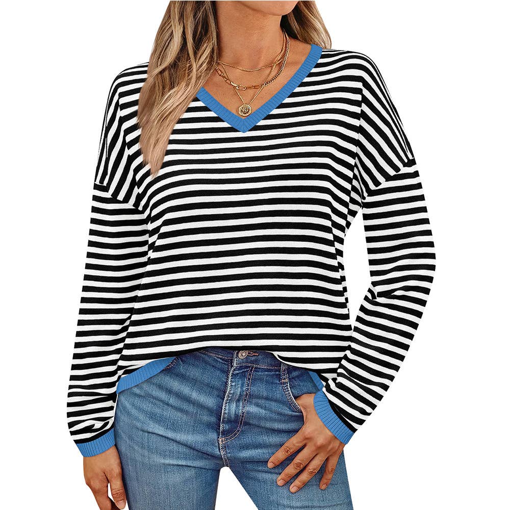 V-NECK STRIPED LONG-SLEEVED CASUAL SWEATER