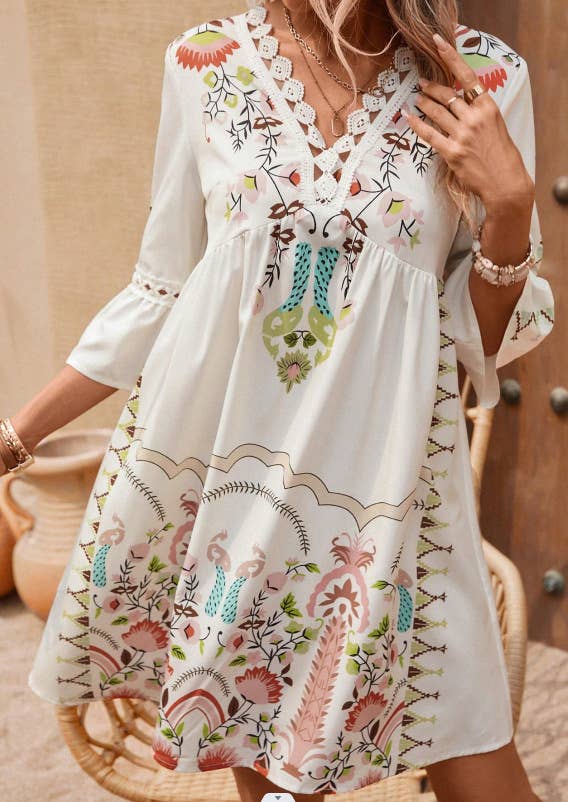Floral Printed Lace Patchwork V-neck Summer Dress
