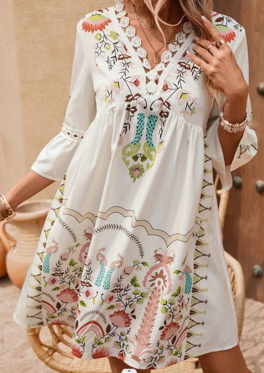 Floral Printed Lace Patchwork V-neck Summer Dress