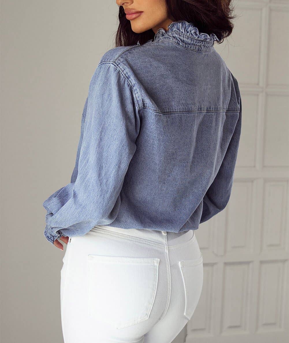 Beau Blue Ruffled Long Sleeve Buttoned Denim Shirt