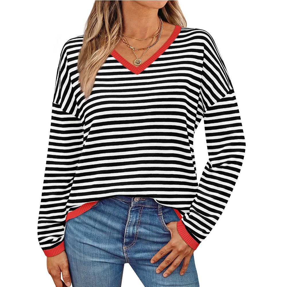 V-NECK STRIPED LONG-SLEEVED CASUAL SWEATER