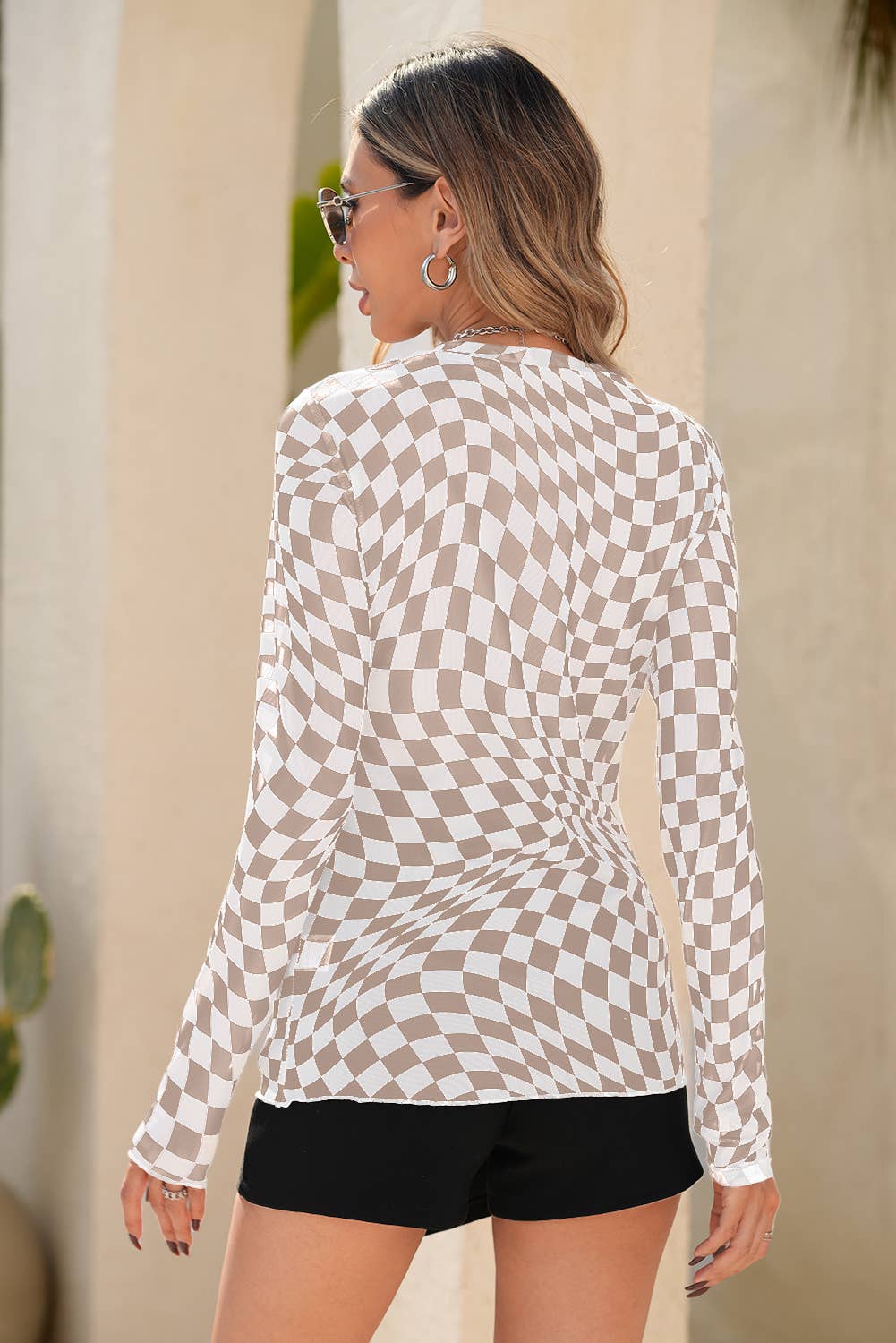 LDC Checkered Pattern Mesh Mock Neck Long Sleeve Top