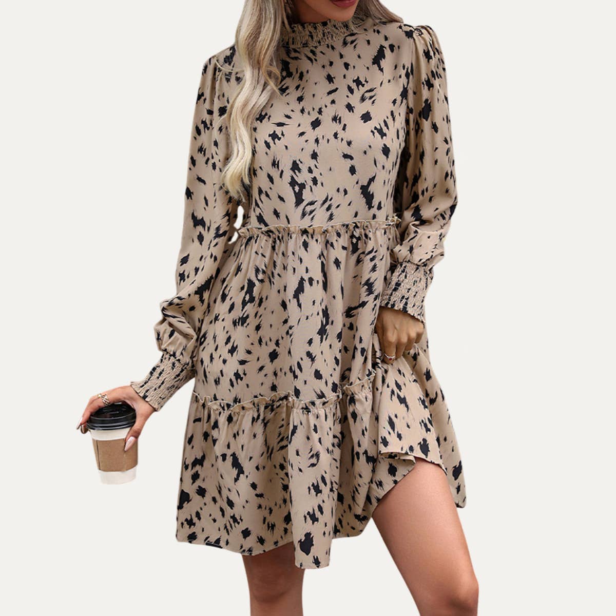 Fashionable Printed Mock Neck Tie-Back Babydoll Dress