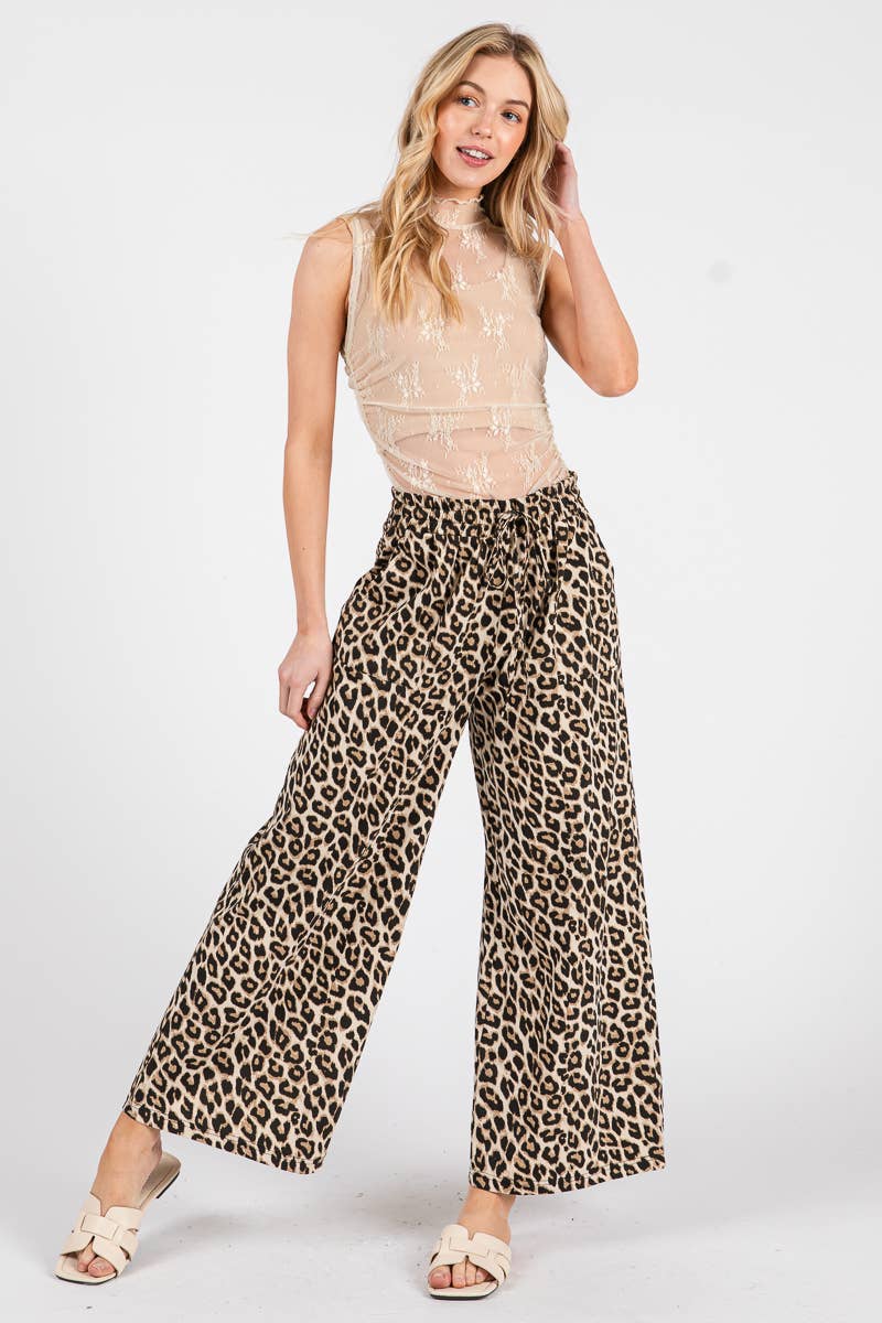 WASHED LEOPARD PRINT WIDE LEG PANTS