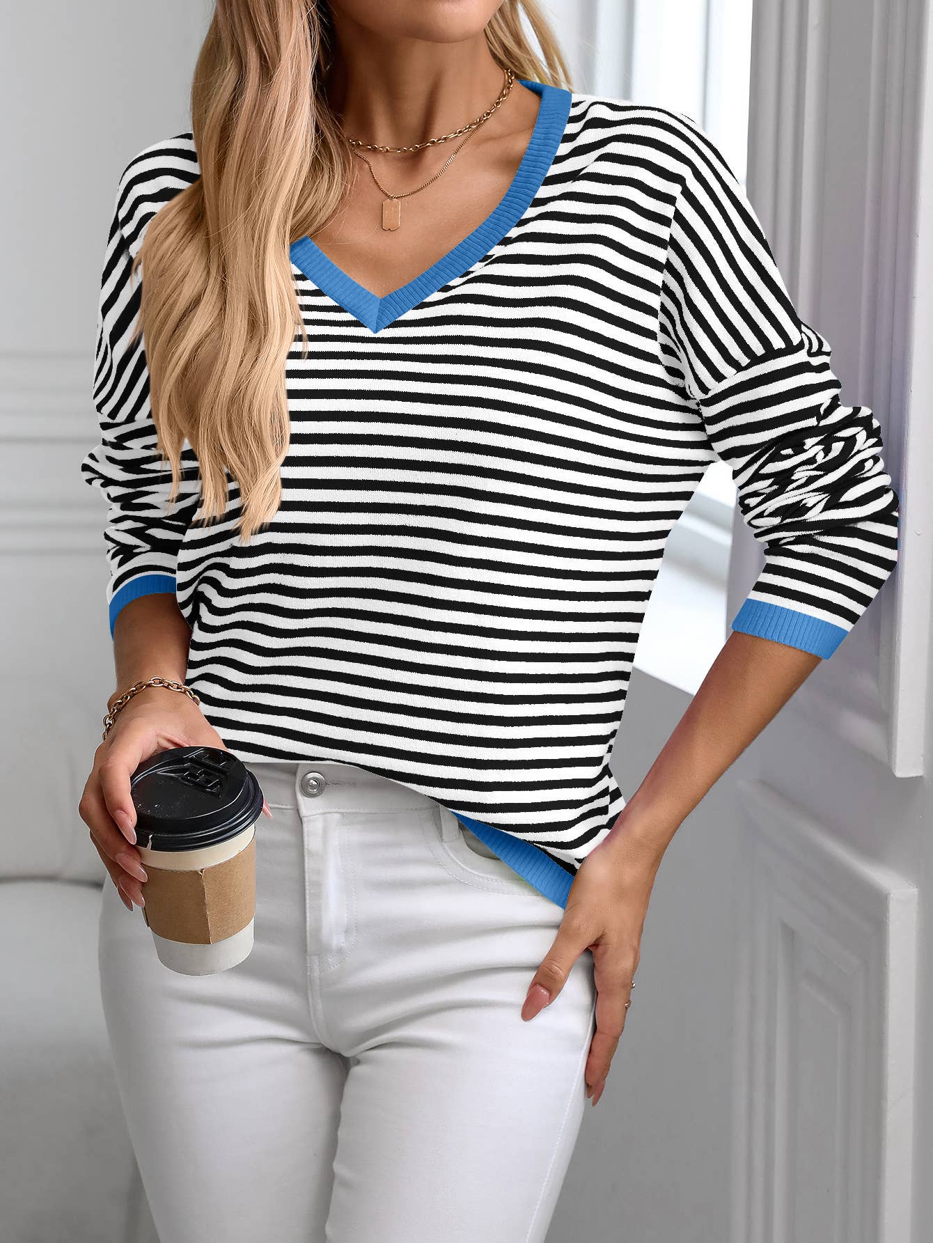 V-NECK STRIPED LONG-SLEEVED CASUAL SWEATER