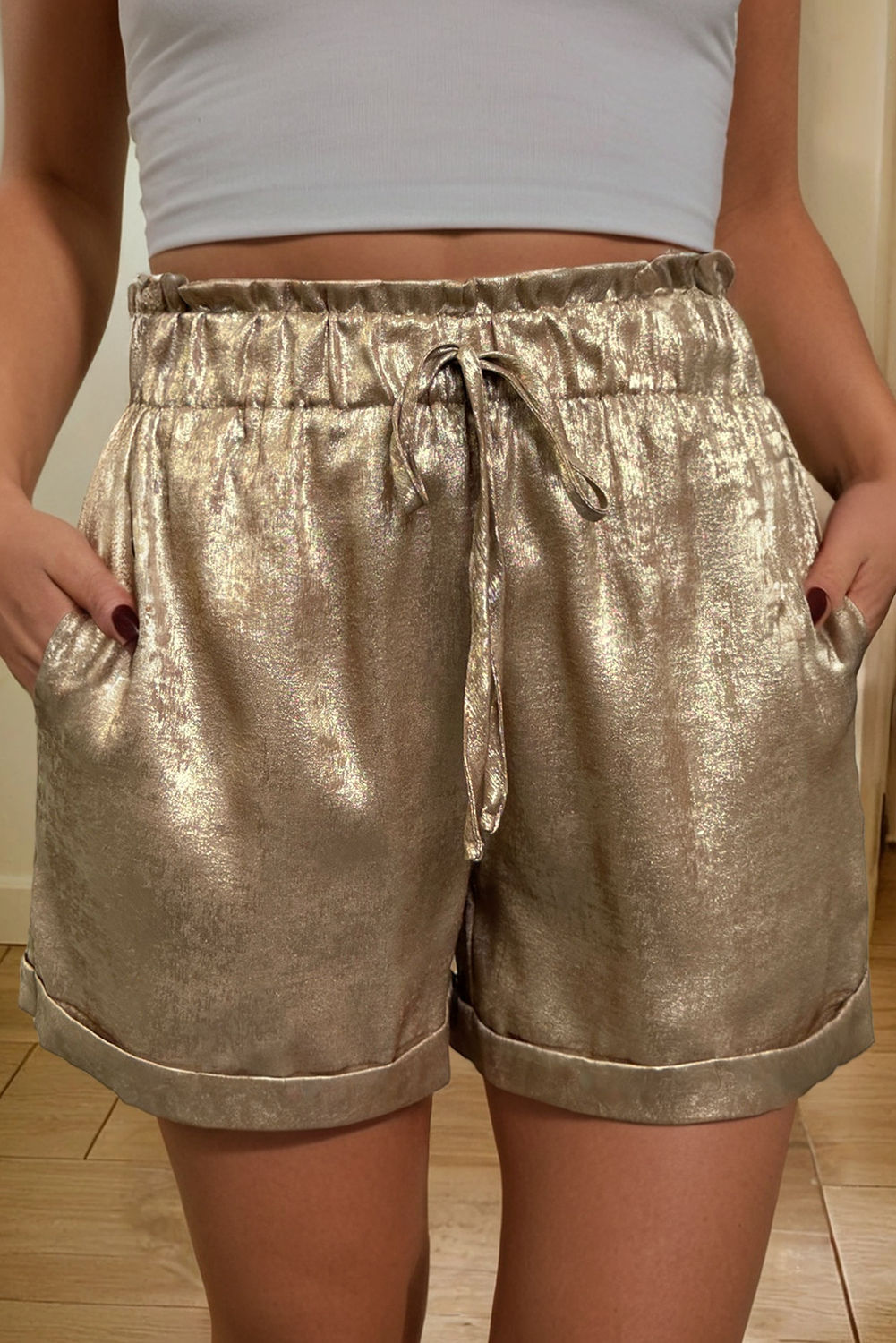 Champagne Tie Elastic Waist High Waisted Shorts (S-XL)