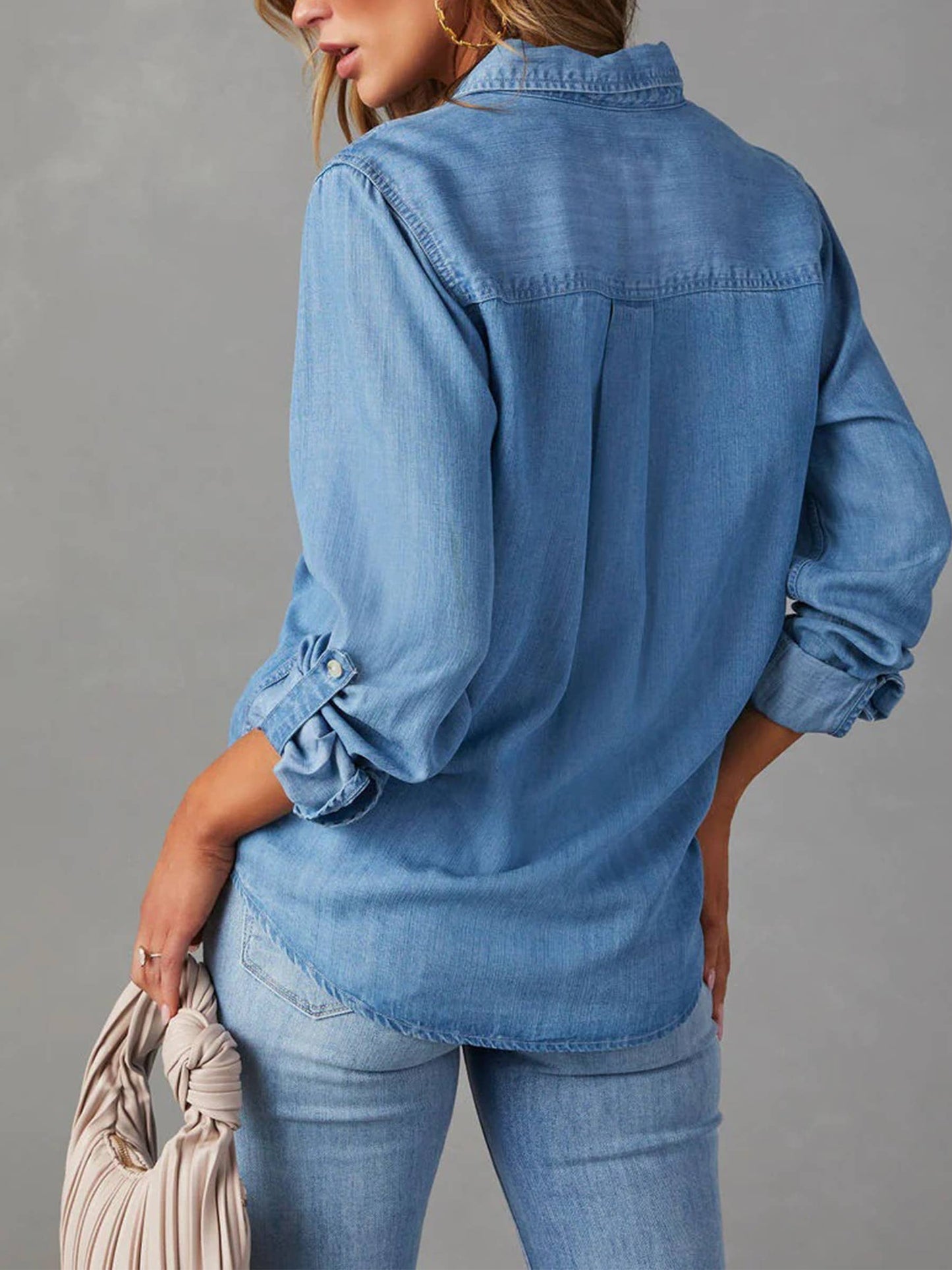 Casual Collar Button Long Sleeved Denim Top