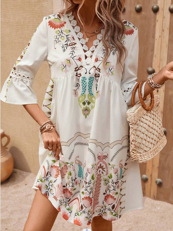 Floral Printed Lace Patchwork V-neck Summer Dress