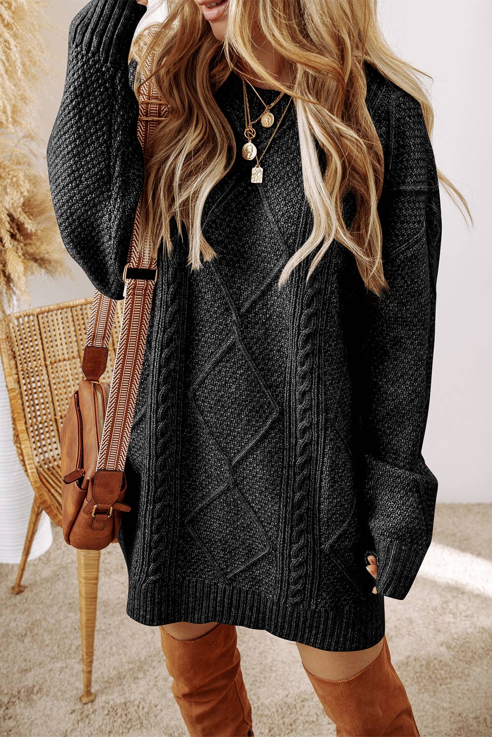 Grace Cable Knit Loose Fit Knit Sweater Dress | S-3XL