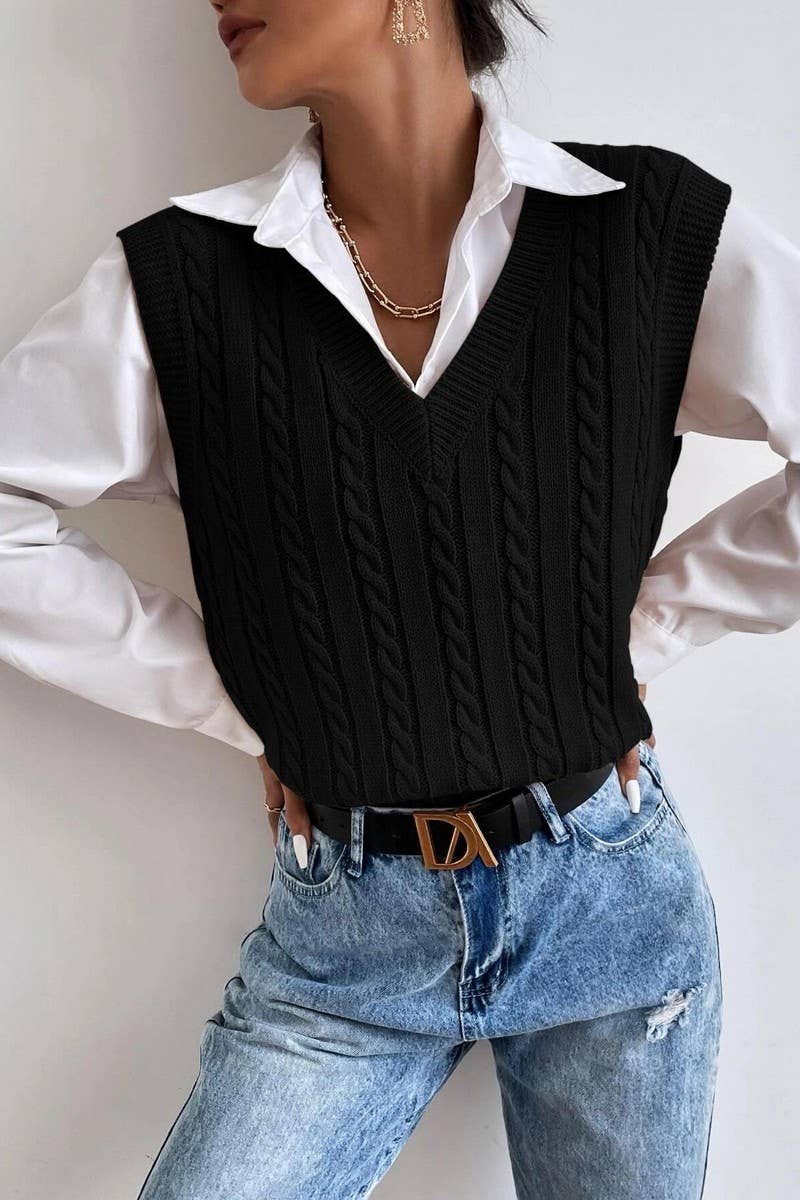 CWOV0577_V-NECK SOLID COLOR CABLE KNIT SWEATER VEST