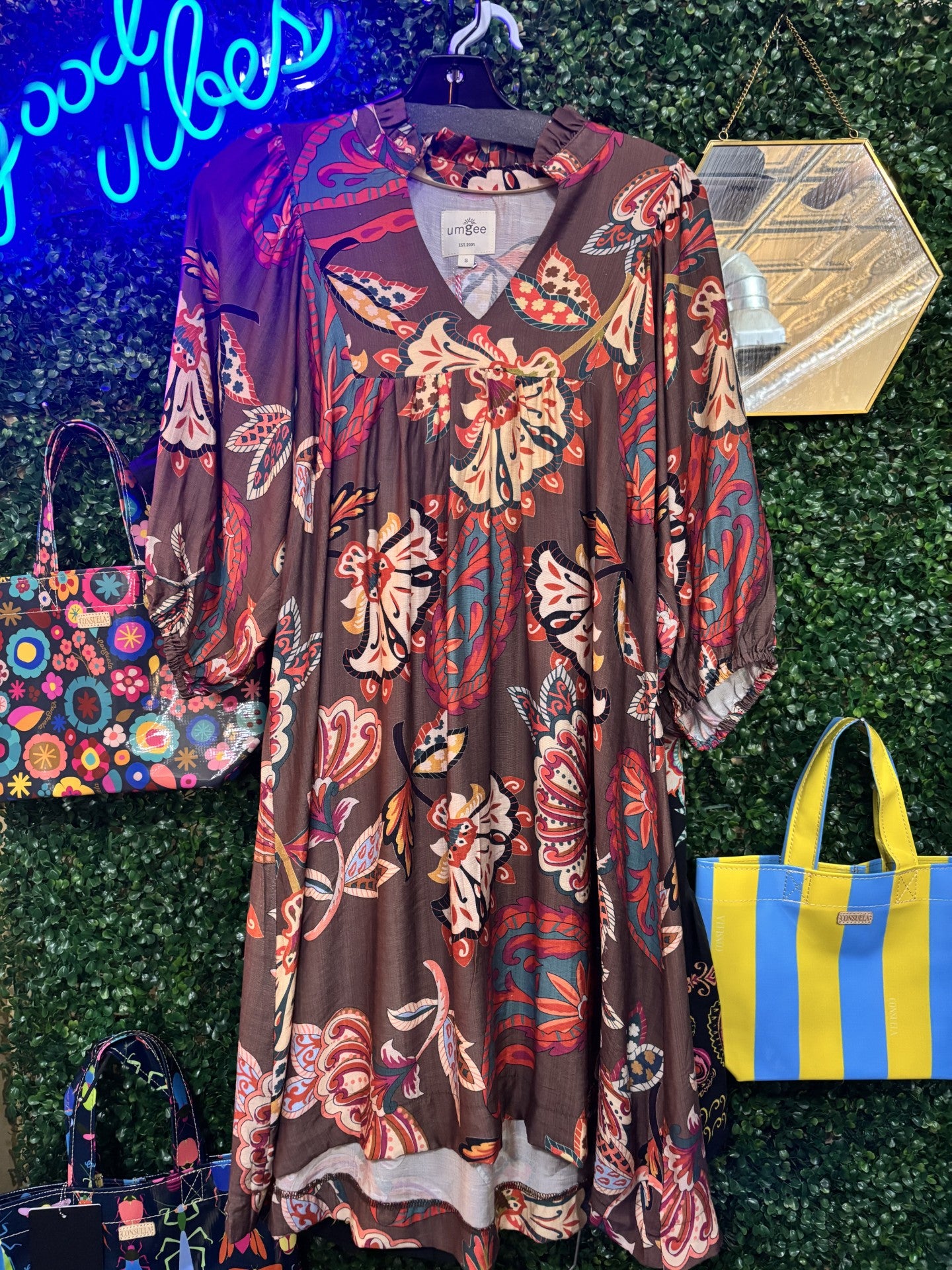 Umgee 3/4 Sleeve Brown Dress with flowers