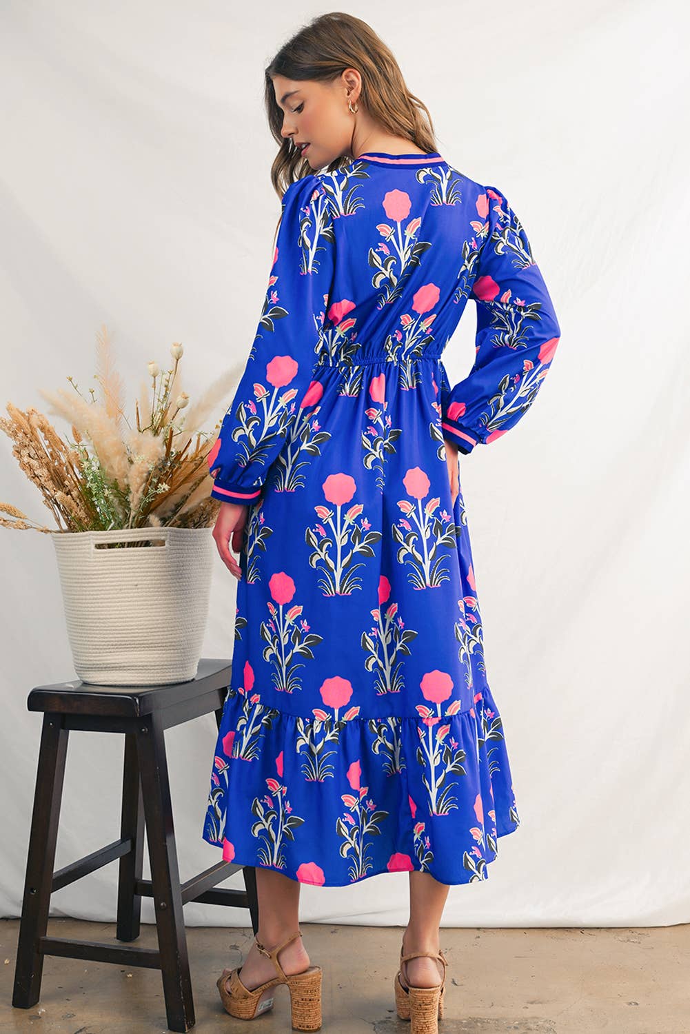 Floral  Striped Trim Long Sleeve Ruffle  Midi Dress | S-XL